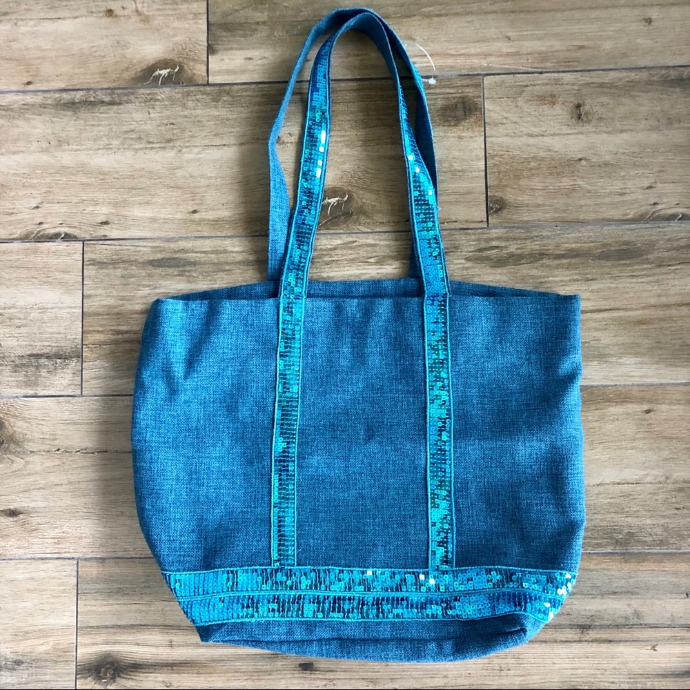 Vintage Blue Sequin Tote with Flower Lining